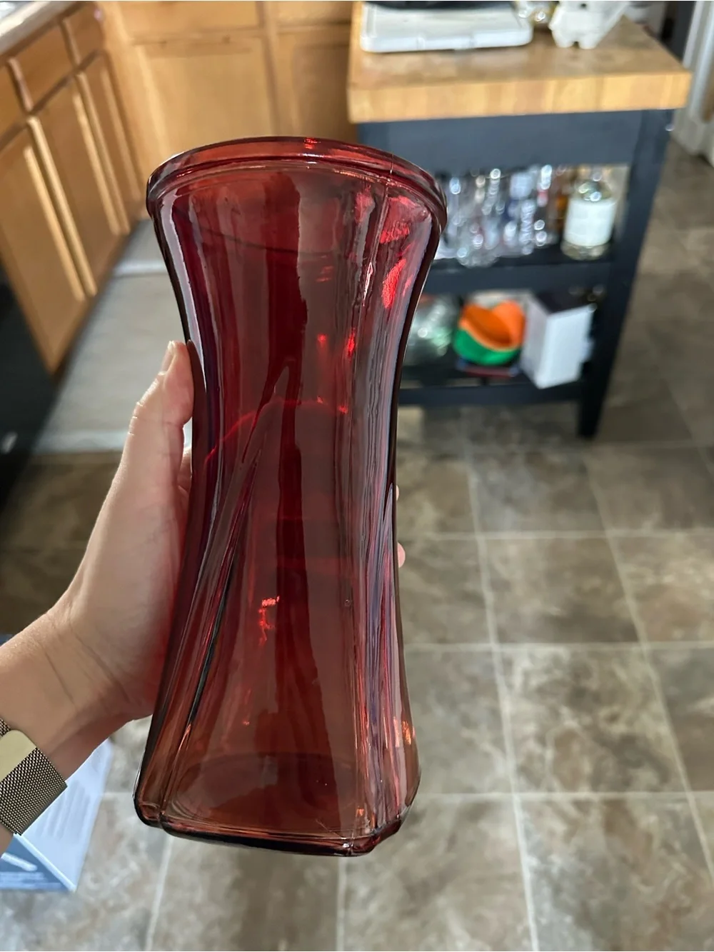 Cottagecore Home Decor Ruby Red Cranberry Gathering Vase. Flared Rim. Hourglass